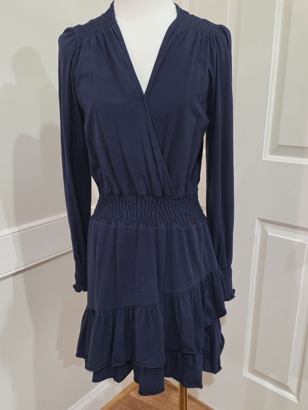 Duffield Lane Vivienne Smocked Long Sleeve Tiered Mini Dress - Navy Blue- Size S